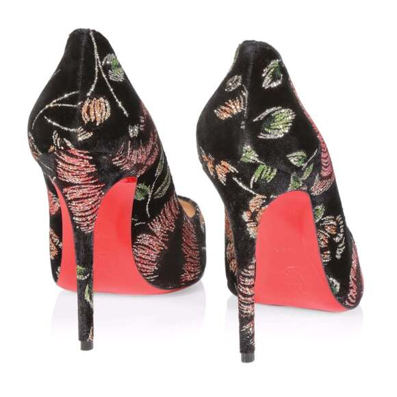 Christian Louboutin Pigalle Follies 100 Black Velvet Red Glitter Heel Pump 37.5 - Picture 10 of 11